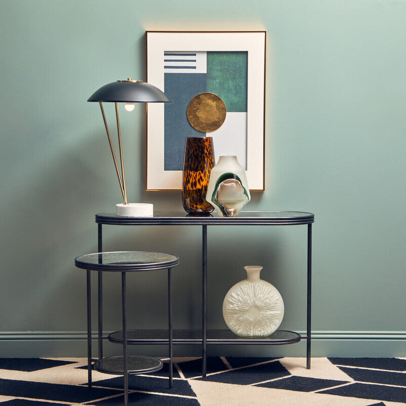 Black & Silver Metal Frame 2-Tier Side Table With Round Mirrored Glass Top, Xania