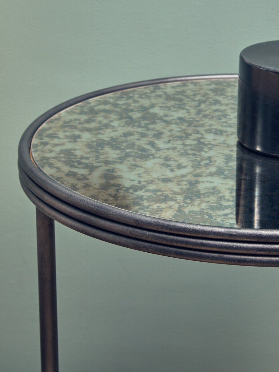 Black & Silver Metal Frame 2-Tier Side Table With Round Mirrored Glass Top, Xania