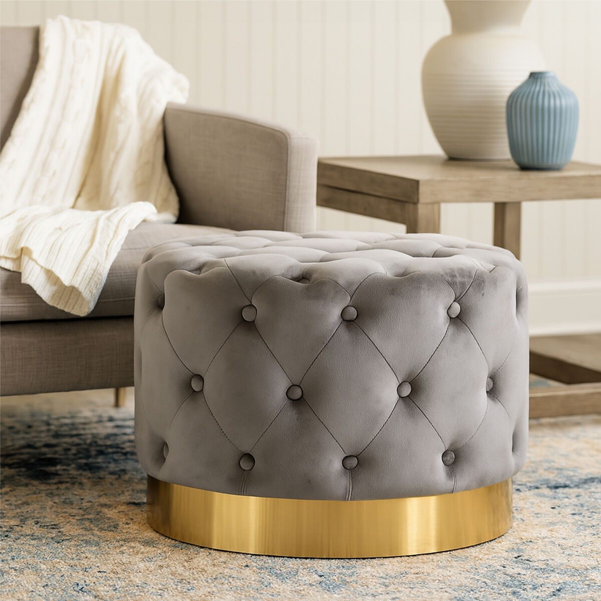 Loretta Grey Velvet Stool With Matte Gold Metal Base