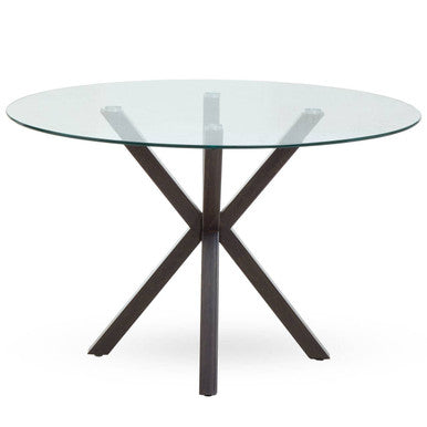 Clear Glass Top Round Dining Table With Black Wood Metal Legs, Salford