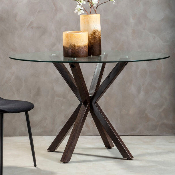 Clear Glass Top Round Dining Table With Black Wood Metal Legs, Salford