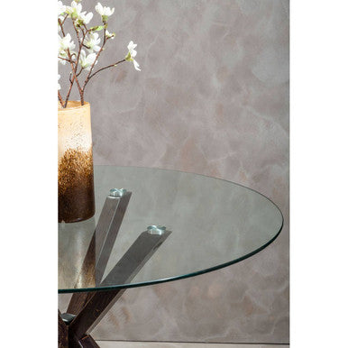 Clear Glass Top Round Dining Table With Black Wood Metal Legs, Salford