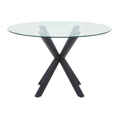 Clear Glass Top Round Dining Table With Black Metal Legs, Salford