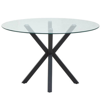 Clear Glass Top Round Dining Table With Black Metal Legs, Salford