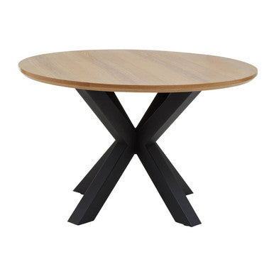 Natural Wood Veneer Top Round Dining Table With Black Metal Legs, Salford