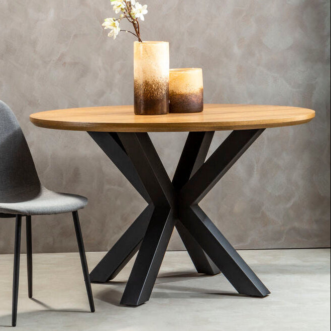 Natural Wood Veneer Top Round Dining Table With Black Metal Legs, Salford