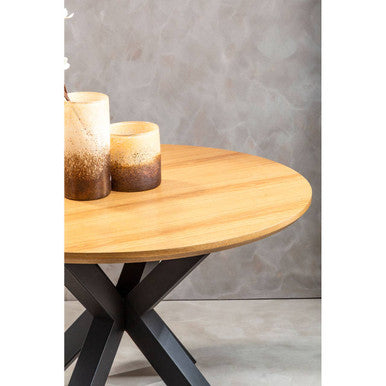Natural Wood Veneer Top Round Dining Table With Black Metal Legs, Salford