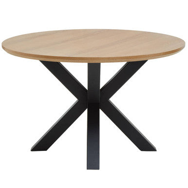 Natural Wood Veneer Top Round Dining Table With Black Metal Legs, Salford