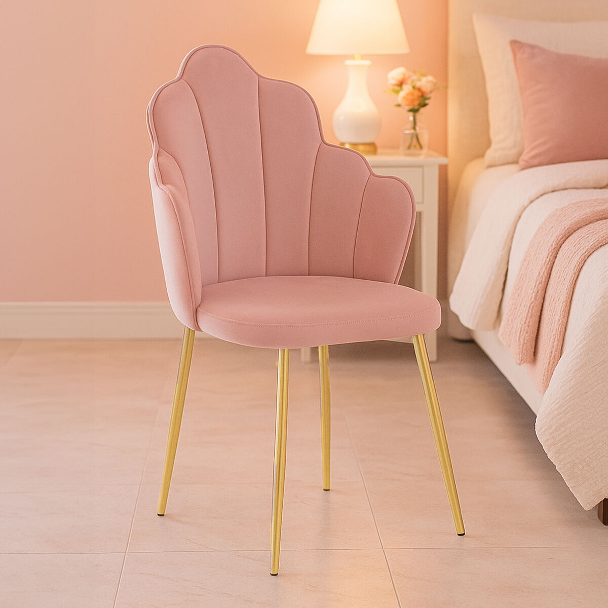 Tian Pink Velvet Dining Chair With Gold Metal Legs