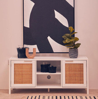 Sherman White Wood & Rattan Media Unit