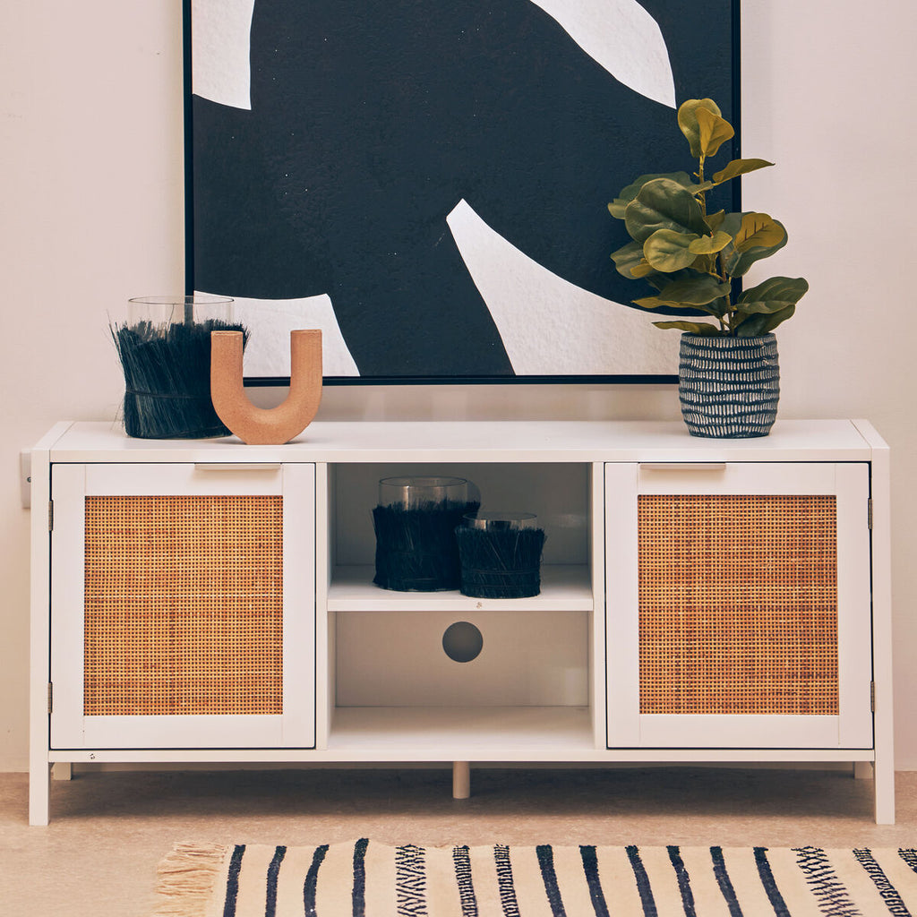 Sherman White Wood & Rattan Media Unit