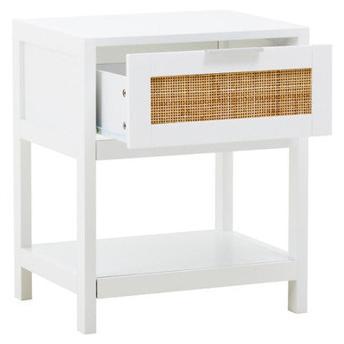 White Wooden Side Table With Rattan 1 Drawers, Sherman