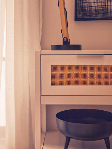White Wooden Side Table With Rattan 1 Drawers, Sherman