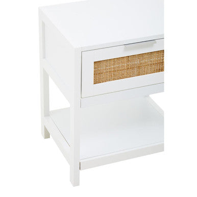 White Wooden Side Table With Rattan 1 Drawers, Sherman