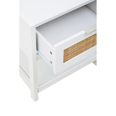 White Wooden Side Table With Rattan 1 Drawers, Sherman