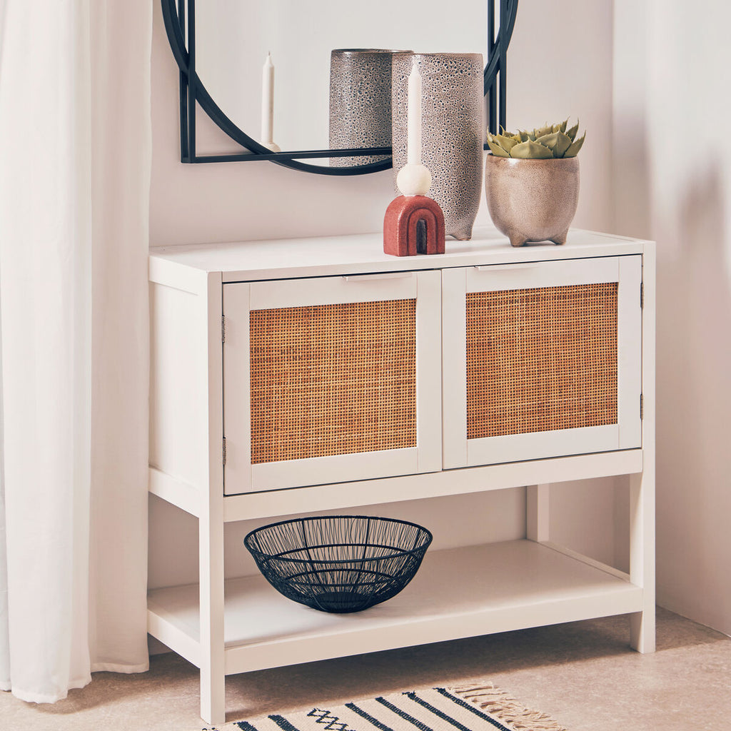 Sherman White Wood & Rattan Two Drawer Side Cabinet