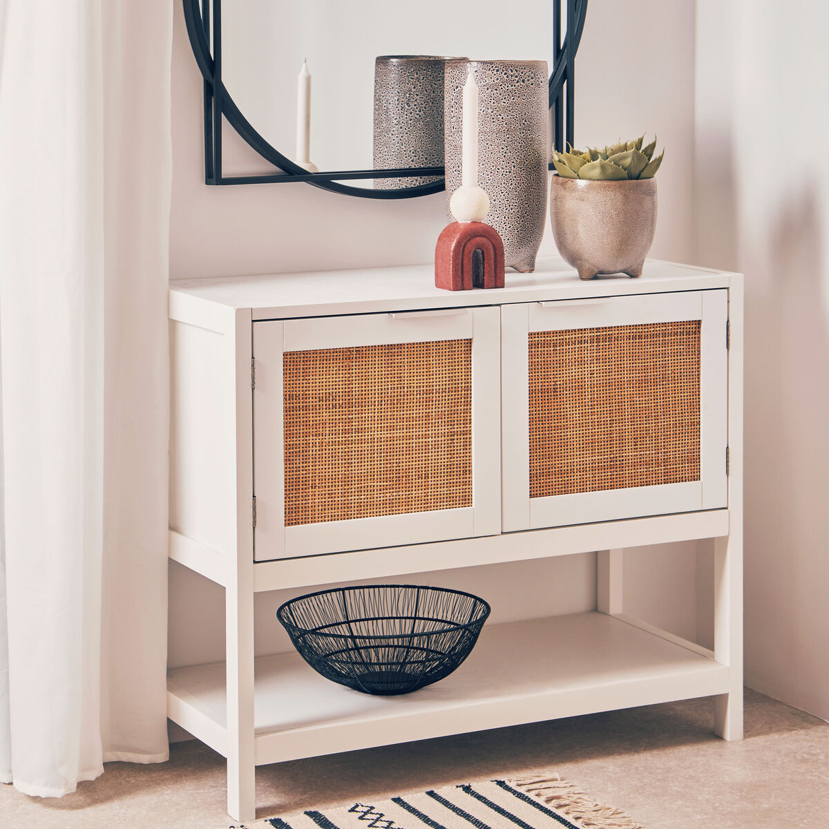 Sherman White Wood & Rattan Two Drawer Side Cabinet