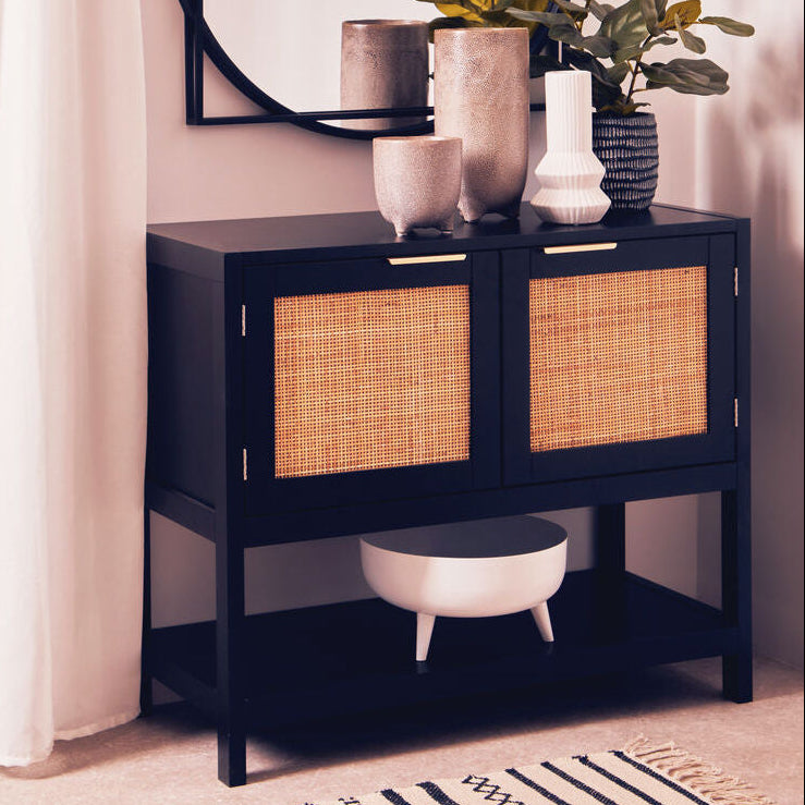 Sherman Black Wood & Rattan Two Door Side Cabinet