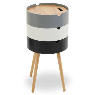 White, Grey & Black Three Tier Storage Side Table With Pine Wood Legs, Viborg