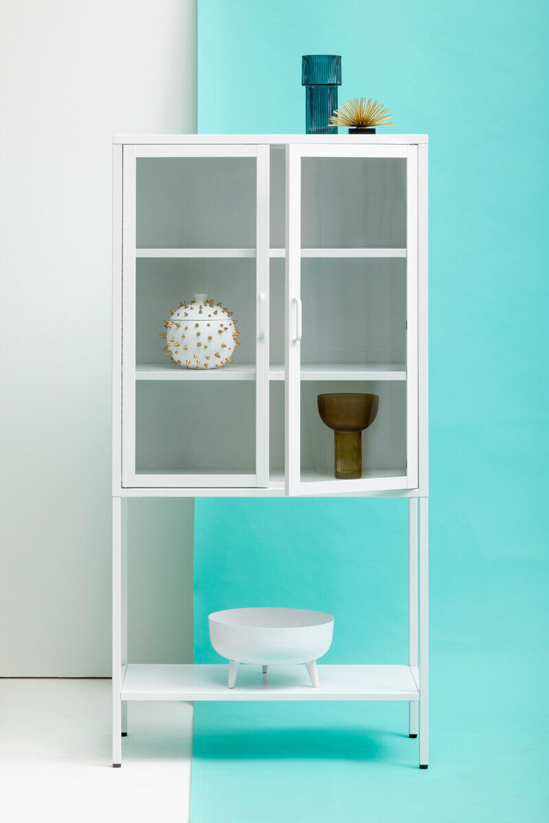 Acier Two Door White Metal Cabinet With Glass Doors