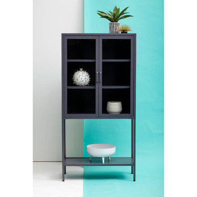 Acier Two Door Grey Metal Cabinet With Glass Doors