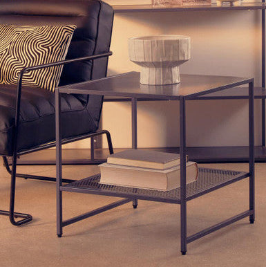 Grey Powder Coated Metal Square Side Table With Open Mesh Shelf, Acero