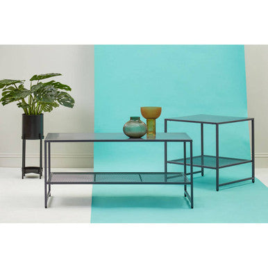 Grey Powder Coated Metal Square Side Table With Open Mesh Shelf, Acero