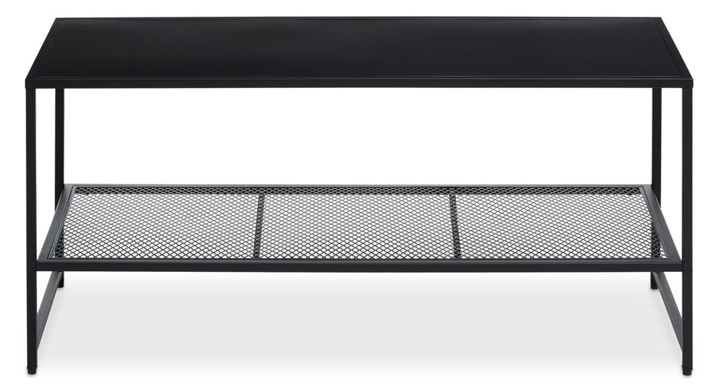 Black Powder Coated Metal Coffee Table With Open Storage Mesh Shelf, Acero