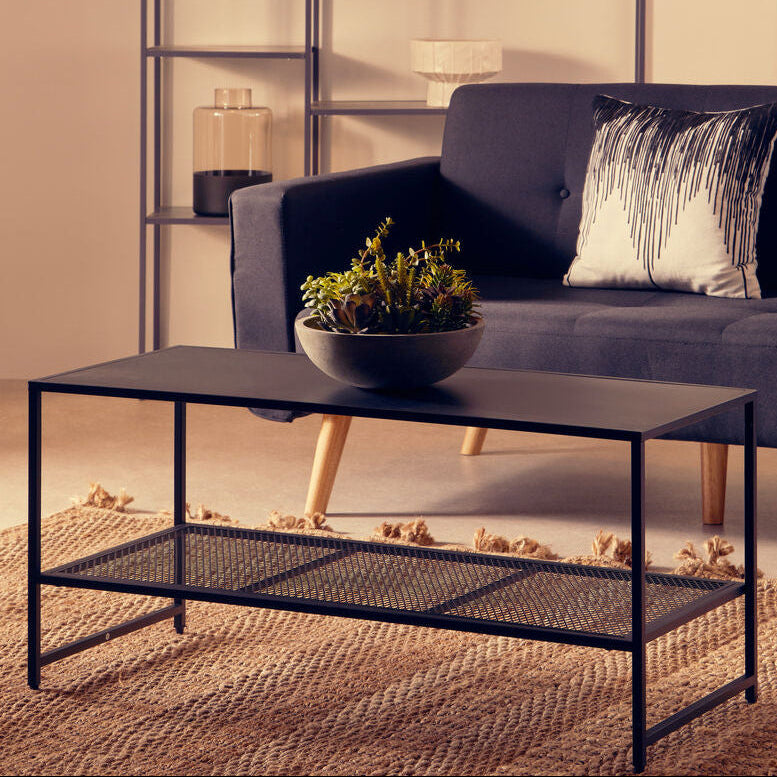 Black Powder Coated Metal Coffee Table With Open Storage Mesh Shelf, Acero