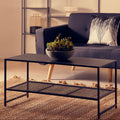 Black Powder Coated Metal Coffee Table With Open Storage Mesh Shelf, Acero