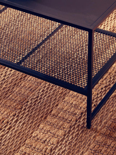 Black Powder Coated Metal Coffee Table With Open Storage Mesh Shelf, Acero