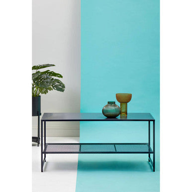 Black Powder Coated Metal Coffee Table With Open Storage Mesh Shelf, Acero