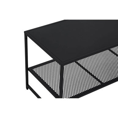 Black Powder Coated Metal Coffee Table With Open Storage Mesh Shelf, Acero