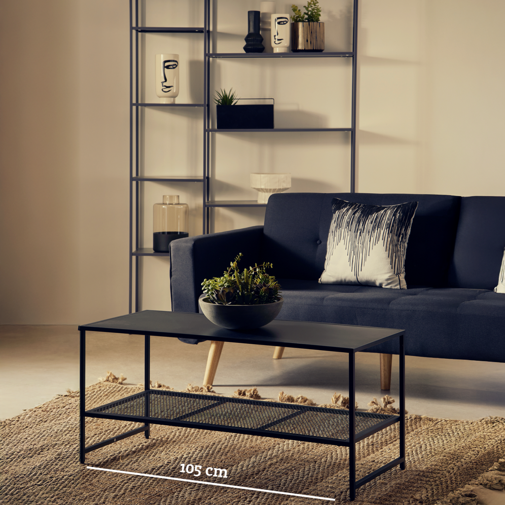 Black Powder Coated Metal Coffee Table With Open Storage Mesh Shelf, Acero
