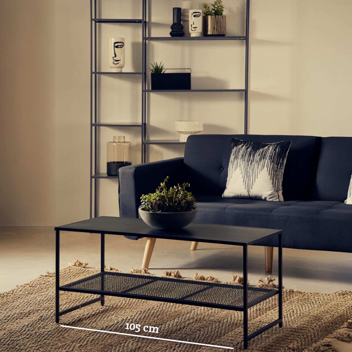Black Powder Coated Metal Coffee Table With Open Storage Mesh Shelf, Acero