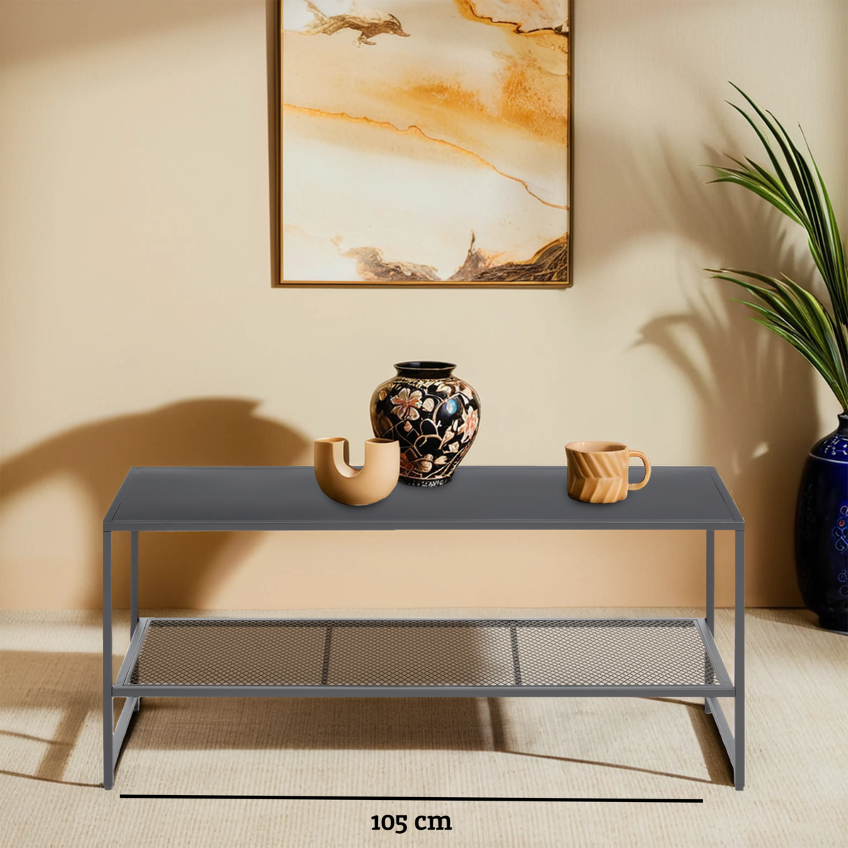 Grey Powder Coated Metal Coffee Table With Lower Mesh Display Shelf, Acero
