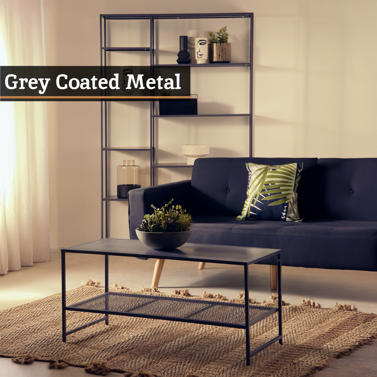 Grey Powder Coated Metal Coffee Table With Lower Mesh Display Shelf, Acero