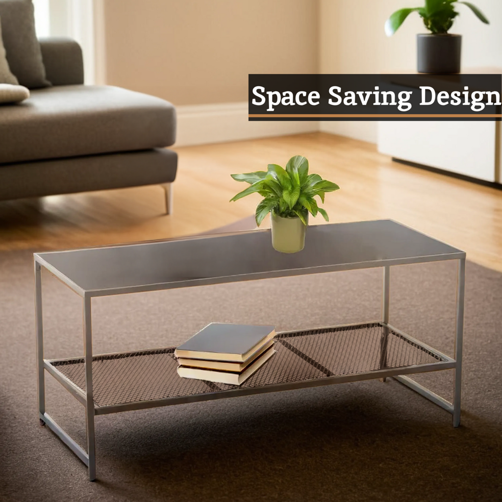 Grey Powder Coated Metal Coffee Table With Lower Mesh Display Shelf, Acero