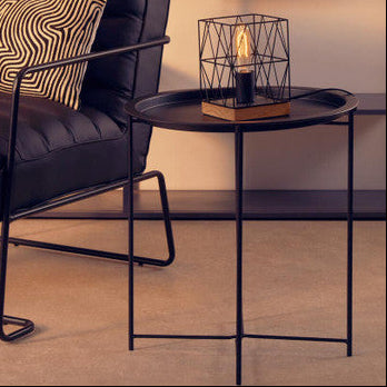 Black Powder Coated Metal Round Side Table With Intersecting Cross Base, Acero