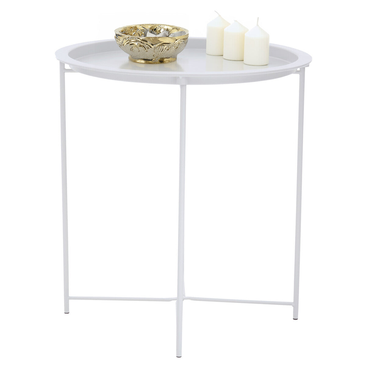 White Powder Coated Metal Round Side Table With Intersecting Cross Base, Acero