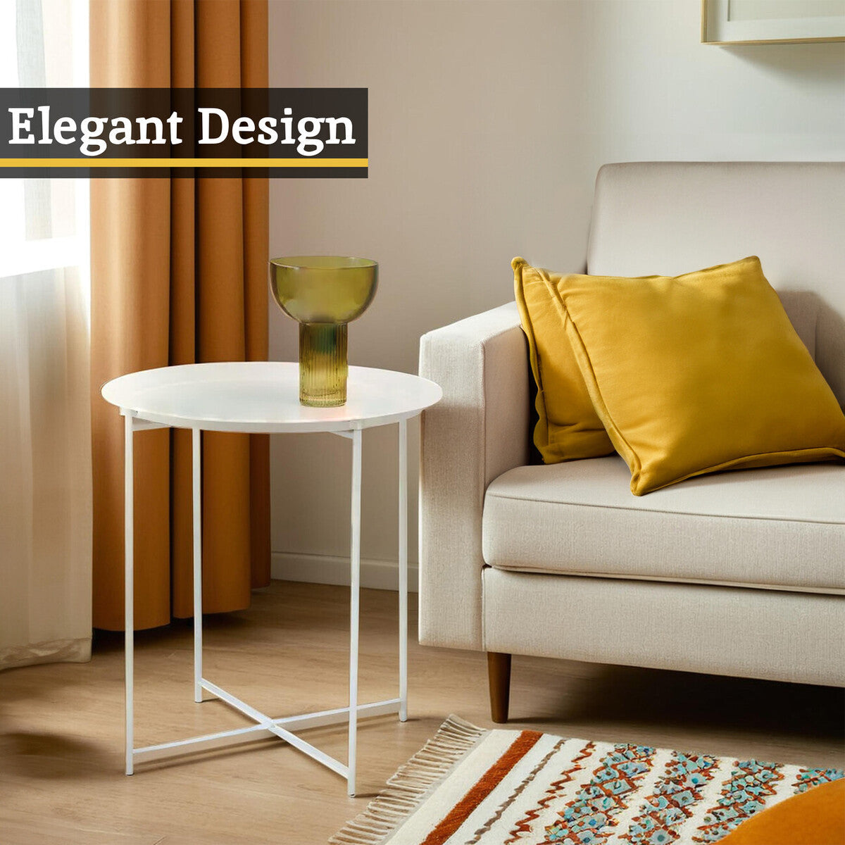 White Powder Coated Metal Round Side Table With Intersecting Cross Base, Acero