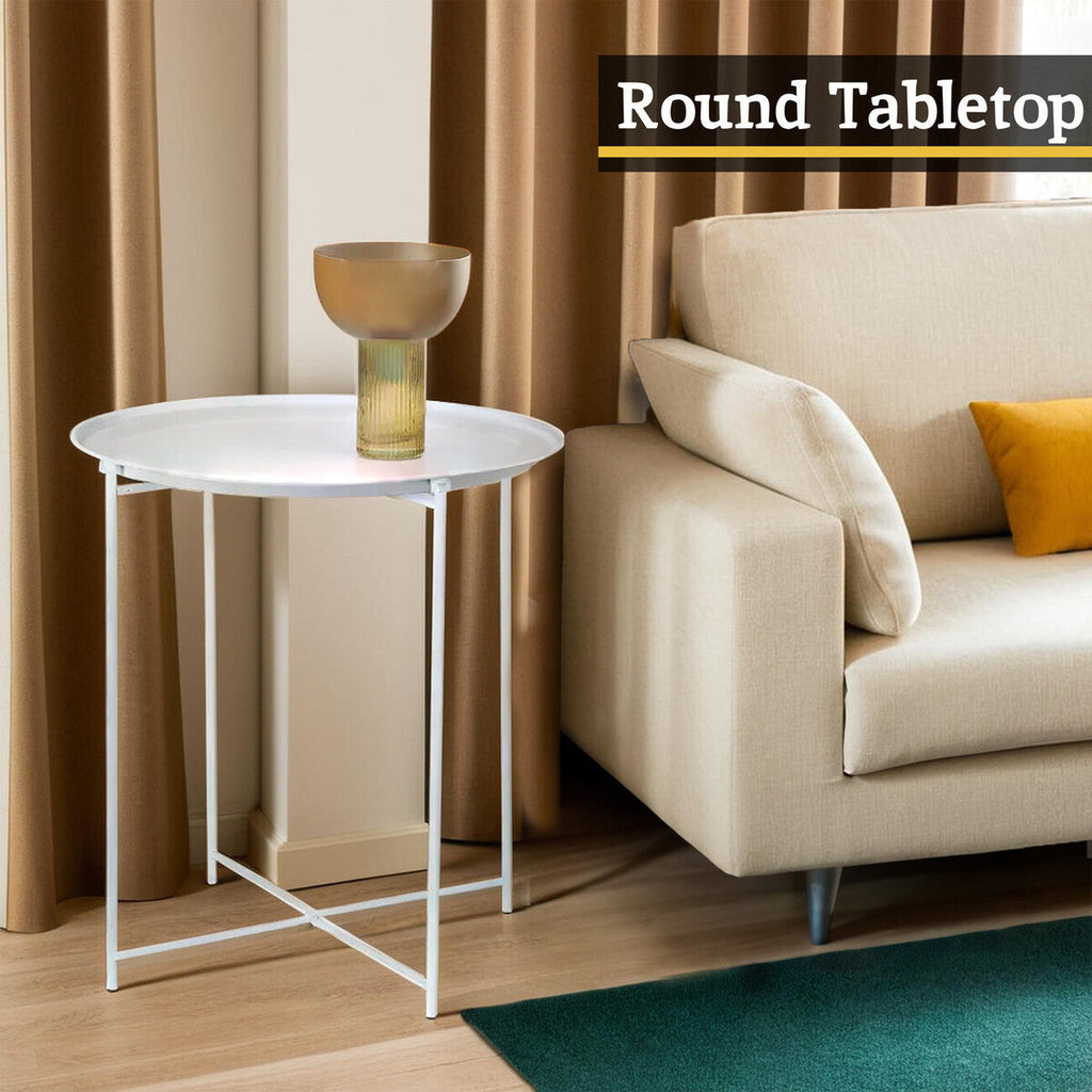 White Powder Coated Metal Round Side Table With Intersecting Cross Base, Acero