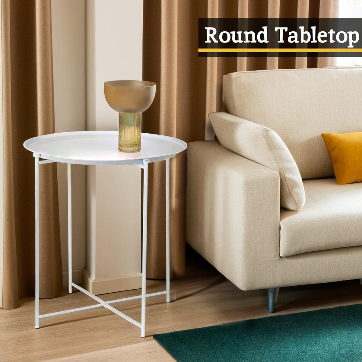White Powder Coated Metal Round Side Table With Intersecting Cross Base, Acero