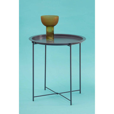 Grey Powder Coated Metal Round Side Table With Intersecting Cross Base, Acero