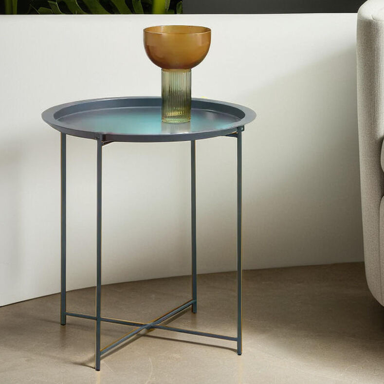 Grey Powder Coated Metal Round Side Table With Intersecting Cross Base, Acero