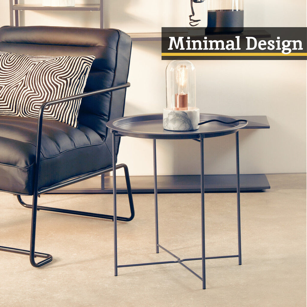 Grey Powder Coated Metal Round Side Table With Intersecting Cross Base, Acero