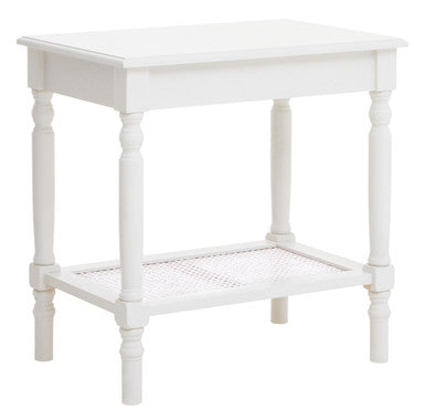 White Wooden 2-Tier Side Table With Cane Rattan Webbing Detail & Carved Legs, Heritage