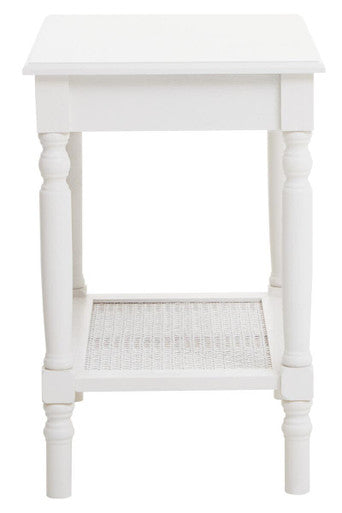 White Wooden 2-Tier Side Table With Cane Rattan Webbing Detail & Carved Legs, Heritage