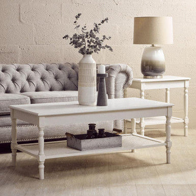 White Wooden 2-Tier Side Table With Cane Rattan Webbing Detail & Carved Legs, Heritage