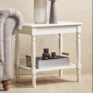 White Wooden 2-Tier Side Table With Cane Rattan Webbing Detail & Carved Legs, Heritage